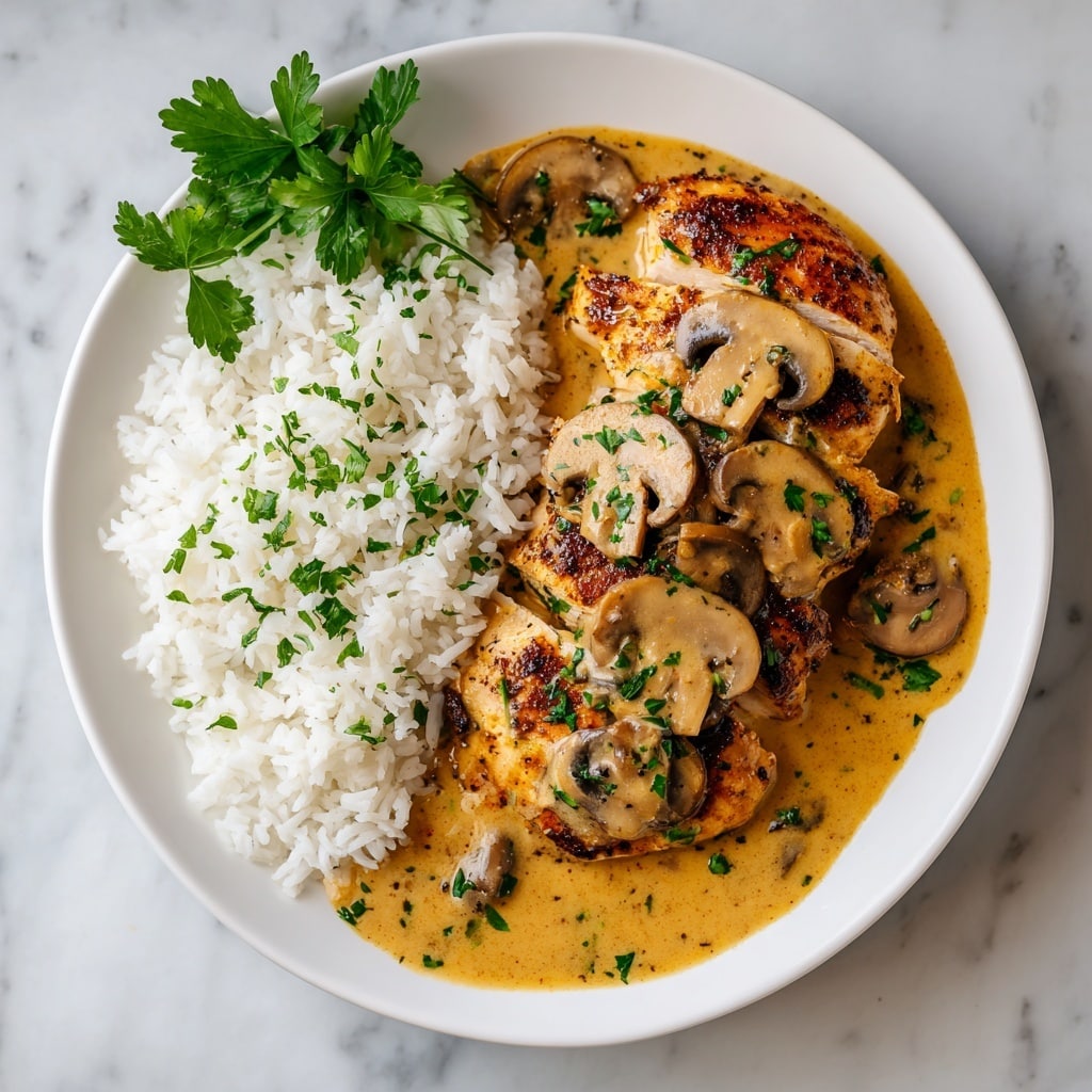 The image shows a white deep bowl filled with a dish consisting of one thick, golden-brown seared chicken breast placed in the center, covered by creamy mushroom sauce with visible sliced mushrooms in light brown color and small green herb pieces sprinkled all over the top of the chicken and sauce, sitting on a white marbled surface. photo taken with an iphone --ar 4:5 --v 7