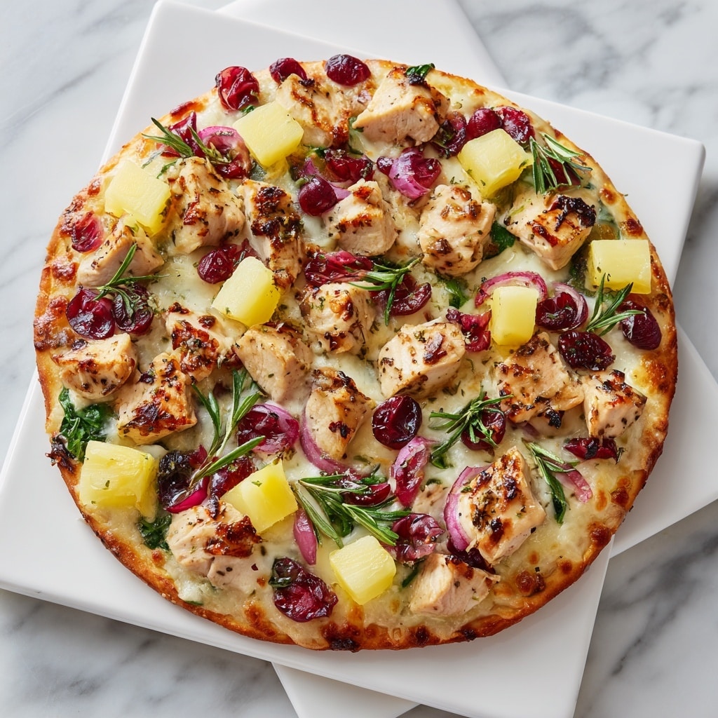 A round pizza with a golden-brown crust sits on a wooden board. The base layer is melted white cheese that covers the whole surface. On top of the cheese, there are grilled chicken pieces with a charred texture, scattered with thin purple onion slices. Dark red dollops of sauce are spread evenly across the pizza, with green herb sprigs placed in the center for garnish. In the background, there is a small white bowl with dark red sauce, all set against a white marbled texture. photo taken with an iphone --ar 4:5 --v 7