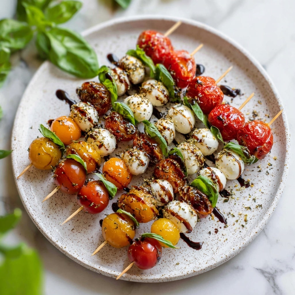 The image shows several white wooden skewers with layers of bright red cherry tomatoes, fresh green basil leaves, white mozzarella balls, and golden yellow cherry tomatoes arranged alternately. Each skewer has around four to five layers, with the mozzarella balls slightly speckled with black pepper and drizzled with dark balsamic glaze, creating a shiny texture on top. The skewers rest on a white speckled round plate, all placed on a white marbled surface with some green leaves blurred in the background. Photo taken with an iphone --ar 4:5 --v 7