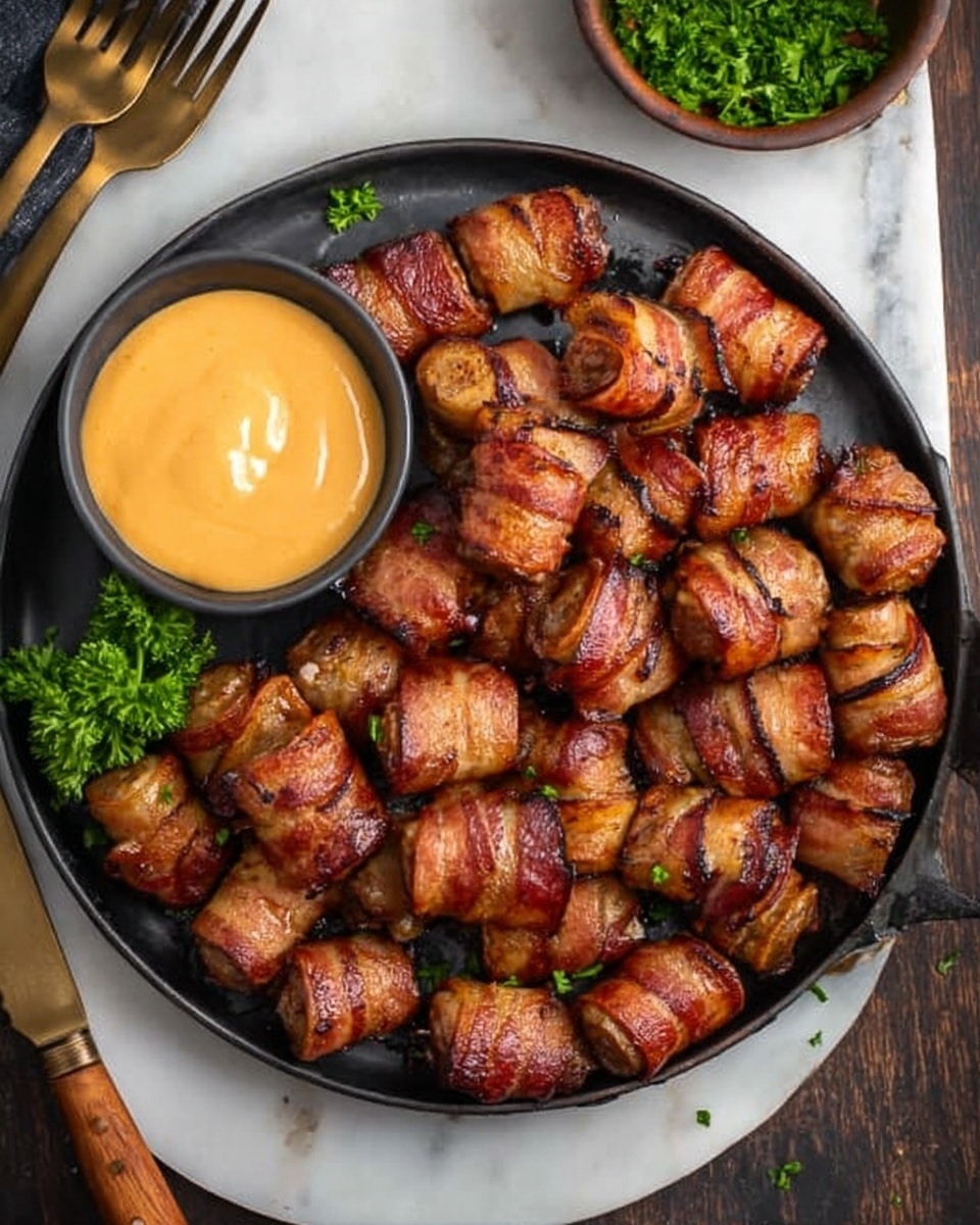 A black skillet filled with around 20 pieces of bacon-wrapped sausages that are browned and slightly shiny from cooking, each piece having a layered look of crispy bacon wrapped around the golden-brown sausage. On the left side inside the skillet, there is a small black bowl filled with creamy, smooth yellow-orange dipping sauce. The skillet sits on a white marbled surface, next to two forks with wooden handles on the left and some green parsley and a small bowl of chopped green herbs in the top left corner. Photo taken with an iphone --ar 4:5 --v 7