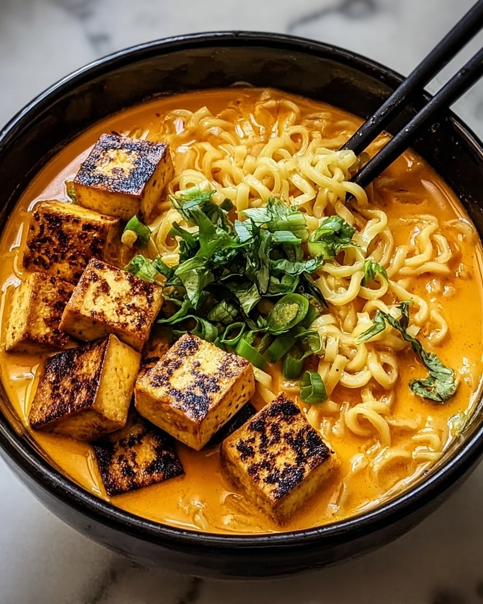 A black bowl filled with creamy orange broth and curly light yellow noodles sits on a white marbled surface. On top, there are golden brown grilled tofu cubes scattered evenly, some showing charred marks. In the center, a small pile of fresh bright green chopped herbs adds a pop of color. A pair of black chopsticks rest inside the bowl on the right side, touching the tofu and noodles. photo taken with an iphone --ar 4:5 --v 7