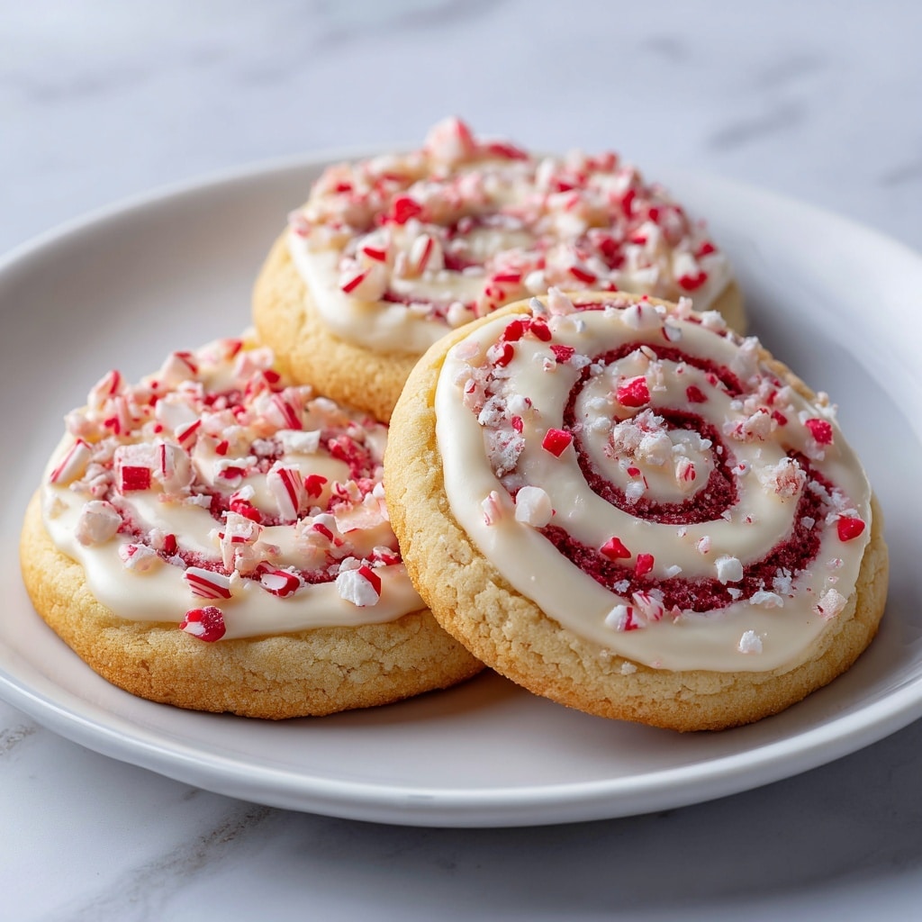 A close-up view of a swirl cookie on a white plate showing two main layers: the base is a light beige cookie dough, smooth with a soft texture, and it is topped with white creamy frosting that is thick and spread in a spiral pattern following the swirl shape of the cookie. Small pieces of crushed red candy cane are sprinkled evenly over the frosting, adding red and white specks with a crunchy look. The cookies are stacked slightly on the white plate with a white marbled background visible around. photo taken with an iphone --ar 4:5 --v 7