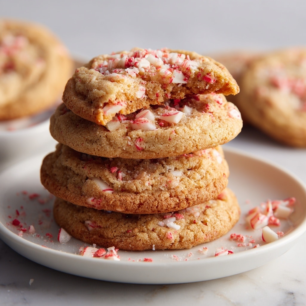 The image shows a group of round, light brown cookies scattered on a white marbled surface, each topped with small white chocolate chips and crushed red and white peppermint candy pieces that add texture and color contrast. Around the cookies, there are small red and white candy canes placed in different directions, along with shiny red and white Christmas ornaments and tiny gift boxes wrapped in white and red paper with gold ribbons, enhancing the festive theme. A white bowl filled with white chocolate chips sits at the bottom right corner, and two small, decorative metal houses in pastel pink and white are placed toward the top left, adding a cozy holiday feel. The cookies have a slightly soft and chewy texture with uneven edges, making them look freshly baked. photo taken with an iphone --ar 4:5 --v 7
