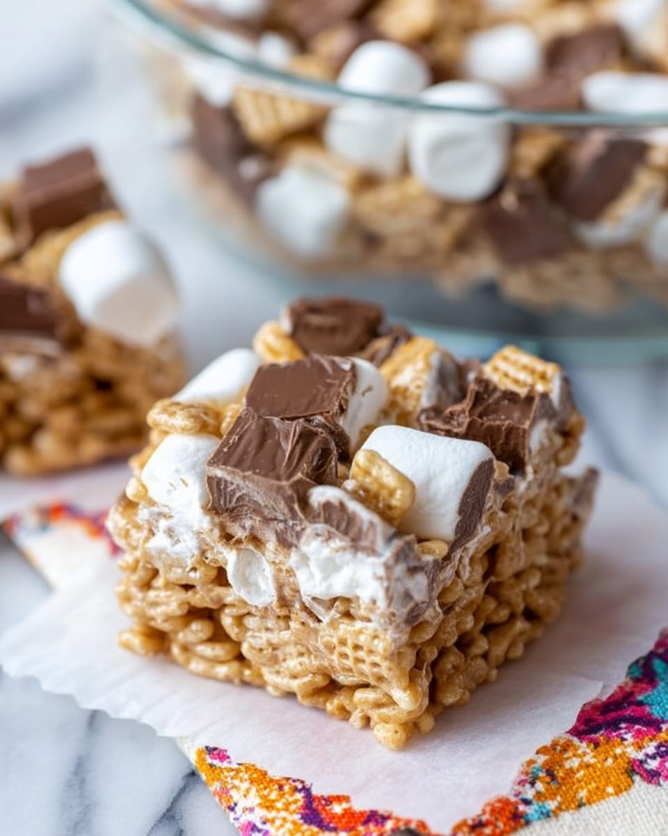 The image shows a close-up of a dessert bar with three visible layers: the bottom layer is made of square cereal pieces that are golden brown and crispy; the middle layer is covered with sticky, glossy white marshmallow pieces that bind the cereal; the top layer has chunks of milk chocolate, some fully melted and some still solid, scattered unevenly over the marshmallows and cereal. The dessert rests on white parchment paper with a bright patterned cloth partially visible underneath, and there is a clear glass bowl filled with more of the dessert blurred in the background, all set on a white marbled surface. Photo taken with an iphone --ar 4:5 --v 7
