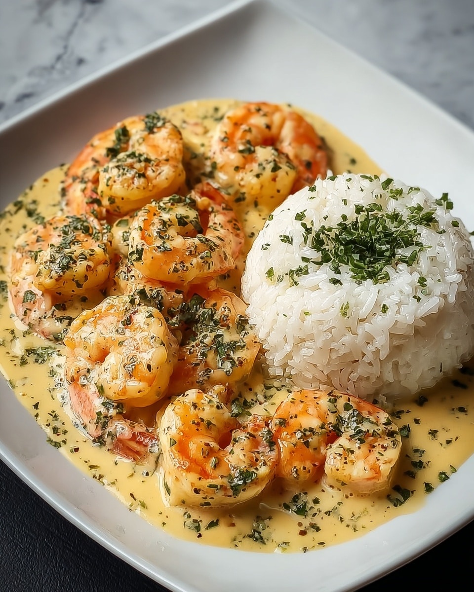 A round metal pan filled with a creamy orange sauce layered with many cooked shrimp on top, each shrimp showing a light pink color, sprinkled with dark herbs and small green pieces. Around and under the shrimp, dark green spinach leaves and reddish sun-dried tomatoes peek through the sauce. Three yellow lemon slices rest on the side inside the pan near the edge. The pan is set on a white marbled surface, next to a gray cloth and a white bowl full of cooked white rice. Fresh green herb pieces are scattered around the pan and rice bowl. photo taken with an iphone --ar 4:5 --v 7