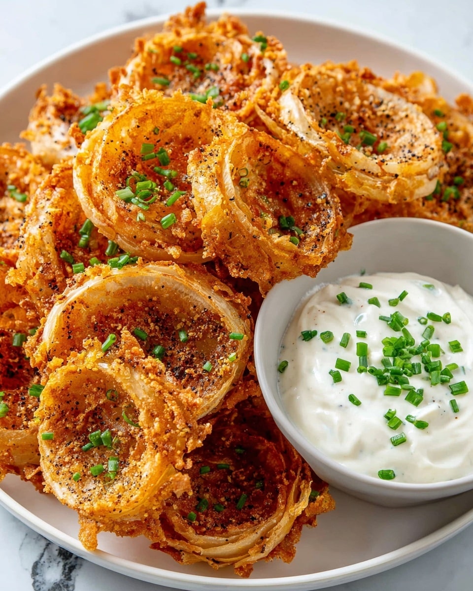 The image shows several golden-brown crispy onion slices with a lacy, crunchy edge arranged on a white plate. Each onion slice has visible translucent layers in the center with a sprinkle of black pepper and small green chopped chives on top. Behind the plate, there is a small wooden bowl filled with creamy white dip, drizzled with olive oil, and a dark cracker partially dipped into it. The whole setup is placed on a white marbled textured surface. Photo taken with an iphone --ar 4:5 --v 7