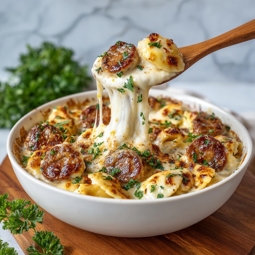 A white bowl filled with creamy ravioli covered in a rich, pale yellow sauce with visible herbs and small bits of orange carrot scattered throughout. The ravioli pieces are plump and soft, layered unevenly with crispy, browned slices of sausage on top. Bright green parsley is sprinkled over the entire dish, adding a fresh color contrast. Small specks of black pepper are spread across the ravioli and sauce, giving texture and depth to the creamy surface. The bowl sits on a gray cloth napkin on a white marbled surface, with a silver fork resting nearby. photo taken with an iphone --ar 4:5 --v 7
