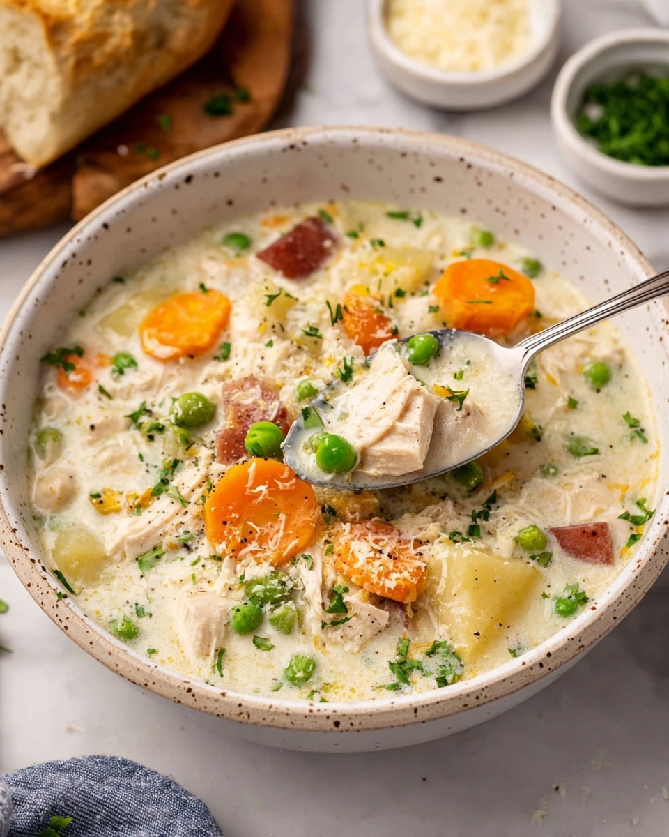 This image shows a creamy mixture inside a white ceramic pot, with a light wooden spoon resting on the right side inside the pot. The dish has multiple layers including a thick, creamy white base with flecks of herbs and tiny black specks. Scattered throughout are bright green peas, small orange carrot pieces, small red bell pepper bits, and chunks of off-white chicken. The texture appears soft and smooth, with the vegetables giving a mix of vibrant green, orange, and red colors against the creamy sauce. The pot sits on a white marbled surface with no other visible items. Photo taken with an iphone --ar 4:5 --v 7