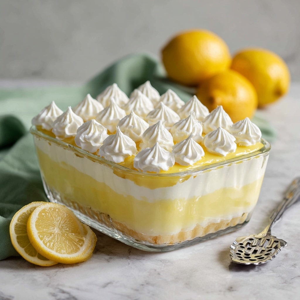 A square slice of layered dessert sits on a white plate with a white marbled texture surface. The bottom layer is soft light yellow cake, topped with a smooth bright yellow lemon curd layer. Above this is a thick, fluffy white cream layer, followed by another layer of light yellow cake soaked slightly, then another thin bright yellow lemon curd layer. The top is decorated with five dollops of soft white whipped cream, each looking light and fluffy. A halved lemon and a silver fork lie nearby, with a blurred dessert and piping bag in the background. Photo taken with an iphone --ar 4:5 --v 7