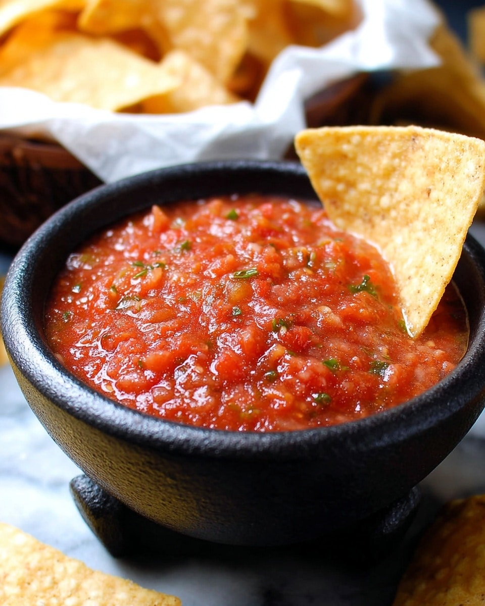 A black bowl with three short legs is filled close to the top with thick, red salsa showing small bits of tomato and green herbs, giving it a textured and fresh look. One golden crispy tortilla chip is dipped on the right side into the salsa, standing upright. In the blurred background, there is a white basket with crumpled paper holding more golden tortilla chips, all placed on a white marbled surface. Photo taken with an iphone --ar 4:5 --v 7