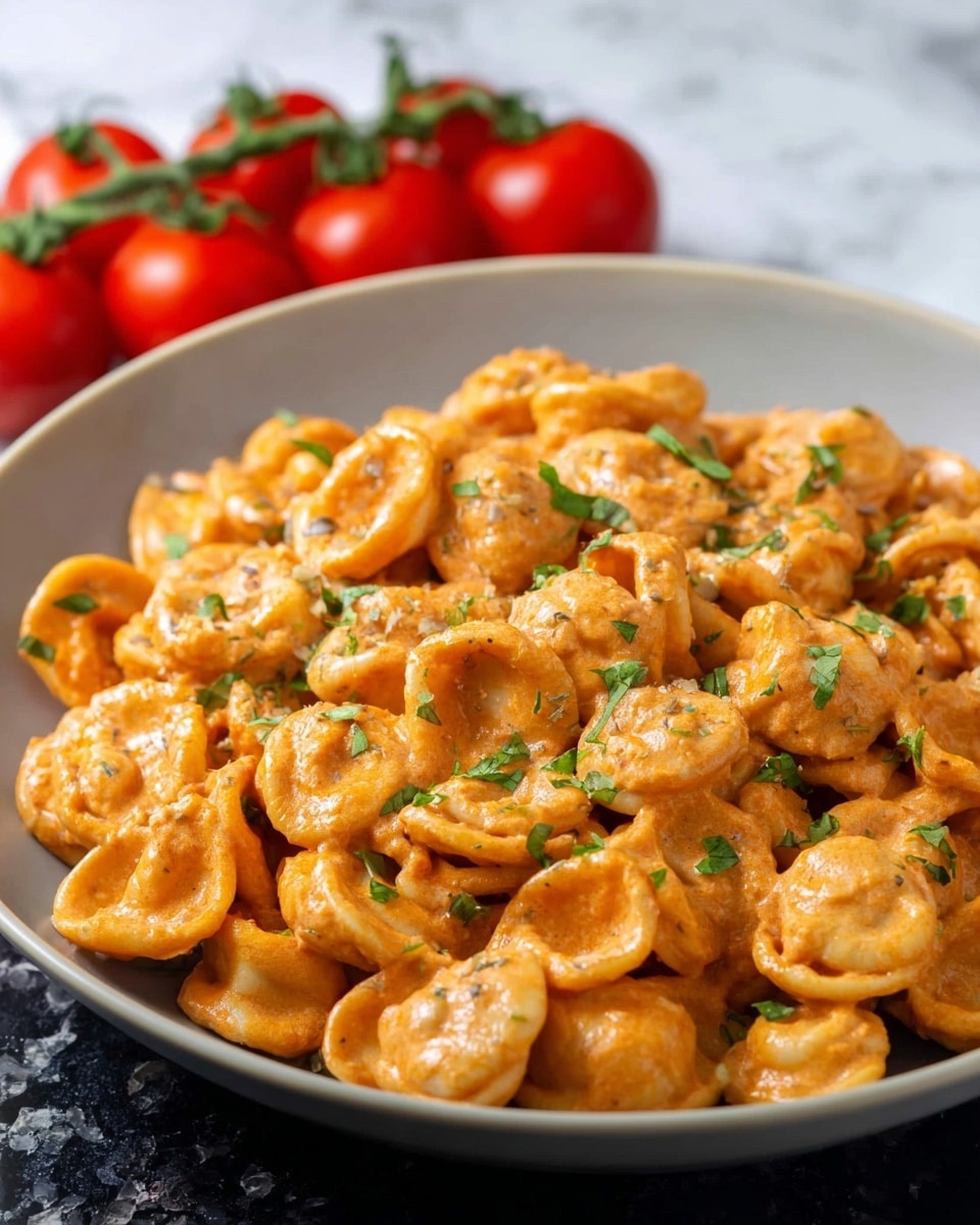 A round white bowl filled with many small, cup-shaped pasta pieces covered in a creamy, orange-colored sauce with a slightly textured surface, garnished with small green parsley leaves scattered evenly on top. The bowl sits on a white marbled surface with a cluster of bright red cherry tomatoes on the vine positioned behind it, and light green fabric loosely draped to the left side. Some pasta pieces and chopped parsley are scattered around the bowl on the surface. Photo taken with an iphone --ar 4:5 --v 7