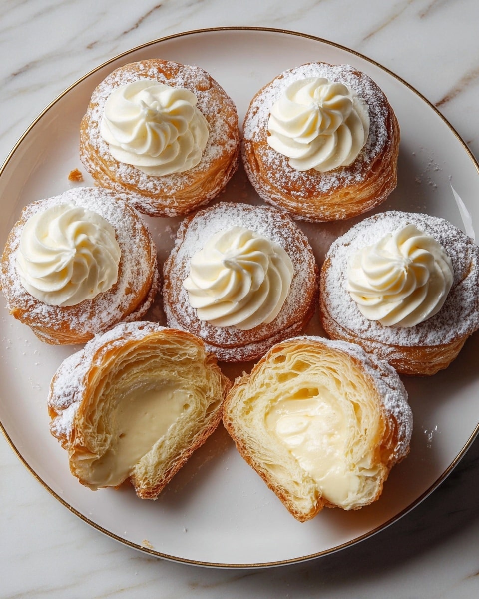 The image shows a white plate filled with eight round, layered pastries. Each pastry has a golden-brown, flaky base with visible thin, crispy layers. On top of each base is a swirl of creamy white frosting, piped in a tall, rose-like shape. The pastries are lightly dusted with powdered sugar, and some have a slight caramelized color on the frosting edges. The plate is placed on a white marbled surface, and there are more similar pastries on plates in the background, slightly out of focus. Photo taken with an iphone --ar 4:5 --v 7