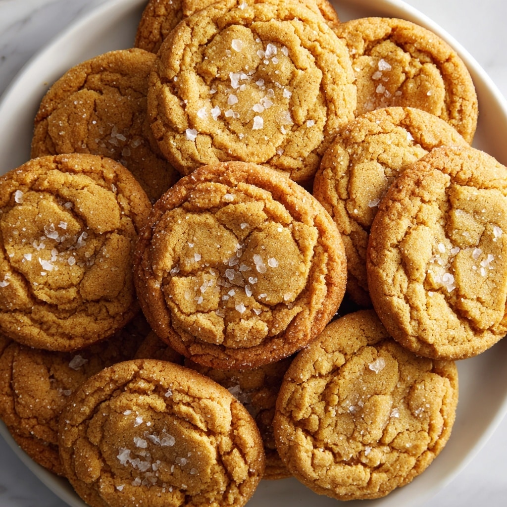 The image shows a tray filled with about ten round, golden brown cookies with subtle cracks on their surface. Each cookie has a slightly rough, textured top with light dusting of sugar crystals that add a bit of sparkle. The cookies are spread out close to each other, with some overlapping slightly. The tray is metal with a slightly worn look, placed on a white marbled surface. Photo taken with an iphone --ar 4:5 --v 7