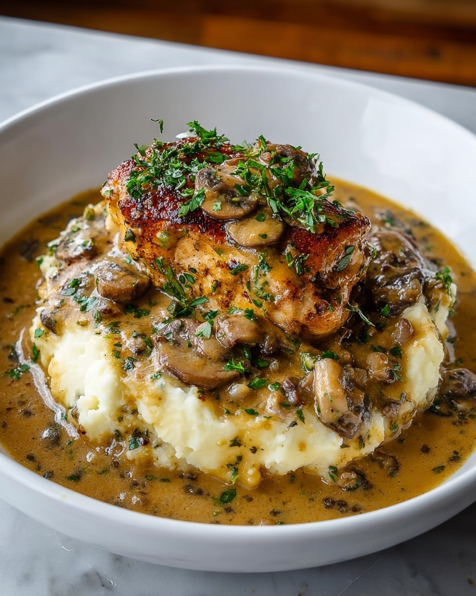 A white bowl holds a dish with three main layers. At the bottom is a creamy white mashed potato base, soft and smooth in texture. Over this lies a thick layer of brown mushroom sauce with visible small mushroom pieces and finely chopped herbs scattered throughout. On top sits a thick, golden-brown grilled chicken piece with a slightly crispy, browned exterior, garnished with fresh green herbs. The dish is placed on a white marbled surface. photo taken with an iphone --ar 4:5 --v 7
