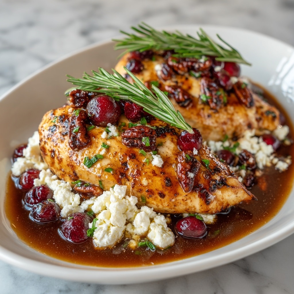 The image shows a white baking dish filled with five golden-brown glazed chicken thighs arranged evenly in one layer. The chicken has a shiny, sticky texture with visible herbs and spices in the glaze. Scattered on top and around the chicken are bright red whole cranberries, small white crumbles of cheese, and sprigs of fresh green dill. The inside of the dish has a warm beige rim. The white marbled surface is partly visible underneath the dish. photo taken with an iphone --ar 4:5 --v 7