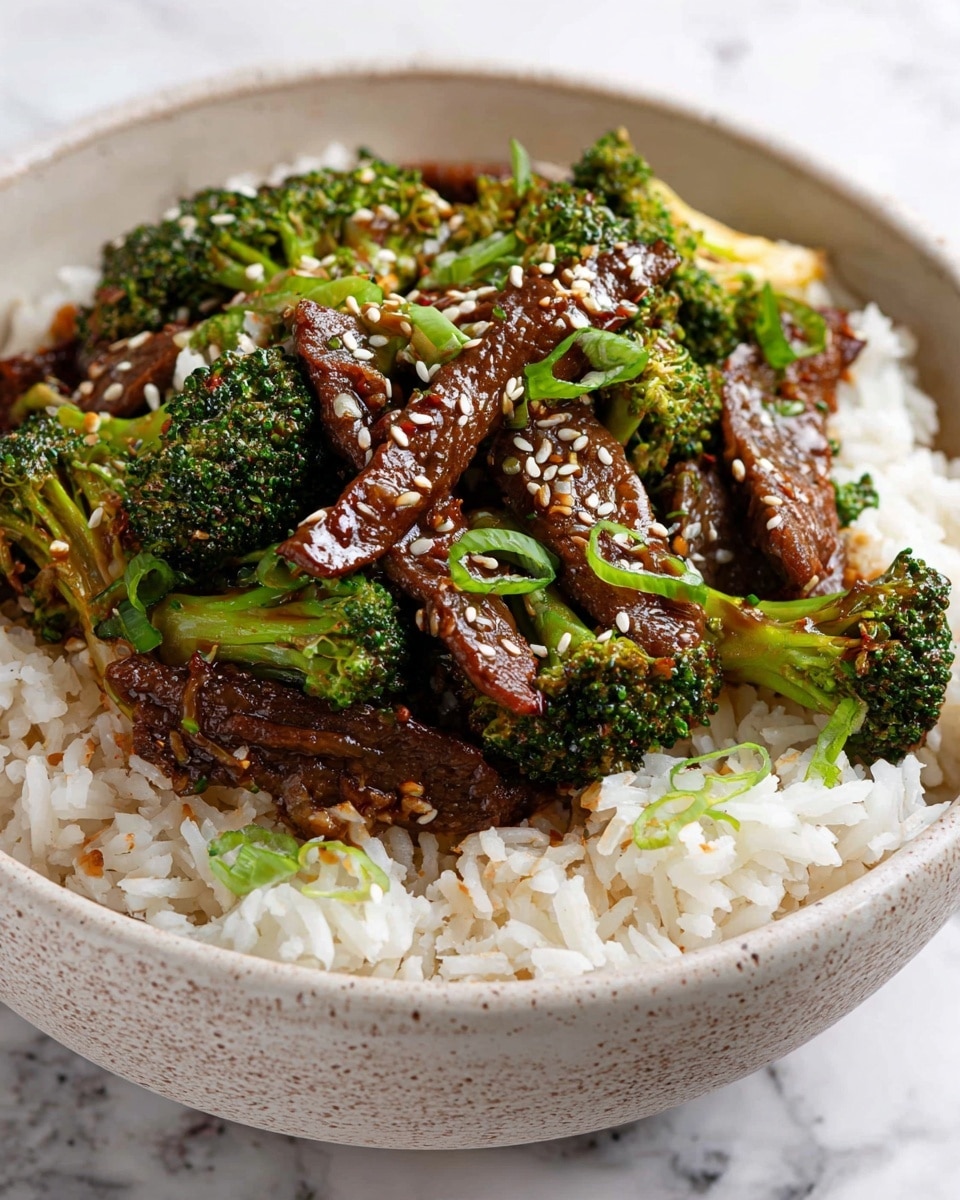 In a round stainless steel pan, there is a colorful stir-fry with three main layers: the bottom layer is a dark brown sauce that fills the pan, the middle layer contains bright green broccoli florets and yellow-green sliced pepper strips, and on top, long thin strips of cooked beef, browned and tender, are scattered evenly. The dish is garnished with fresh green sliced scallions and red chili flakes sprinkled all over, with three lime wedges placed at different points around the pan. The pan sits on a white marbled surface alongside a wooden cutting board with lime wedges, a black soy sauce bottle with a red cap, and a glass bottle with a light golden liquid. photo taken with an iphone --ar 4:5 --v 7