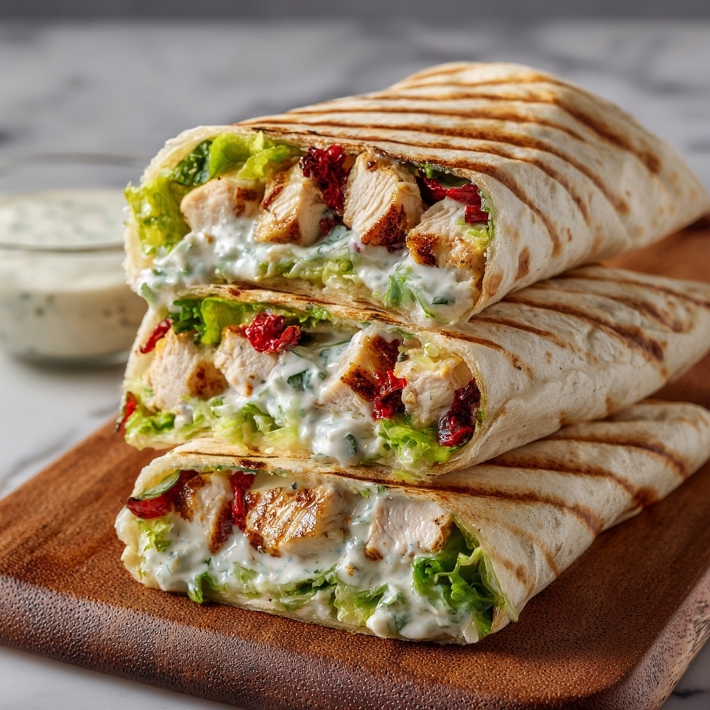 Four grilled chicken wraps are shown on a wooden board, each cut to reveal the layers inside. The outer wraps are golden brown with some char marks, soft and slightly toasted. Inside, there are pieces of cooked chicken, white and tender with a slight brown edge, mixed with fresh green leafy vegetables, and a creamy white sauce that looks like yogurt or sour cream. There are also bits of red tomato or pepper adding color. The wraps are stacked close together, highlighting their juicy and fresh filling. In the background, there is a blurred glass bowl with a white creamy sauce on a dark wooden surface replaced with a white marbled texture. photo taken with an iphone --ar 4:5 --v 7