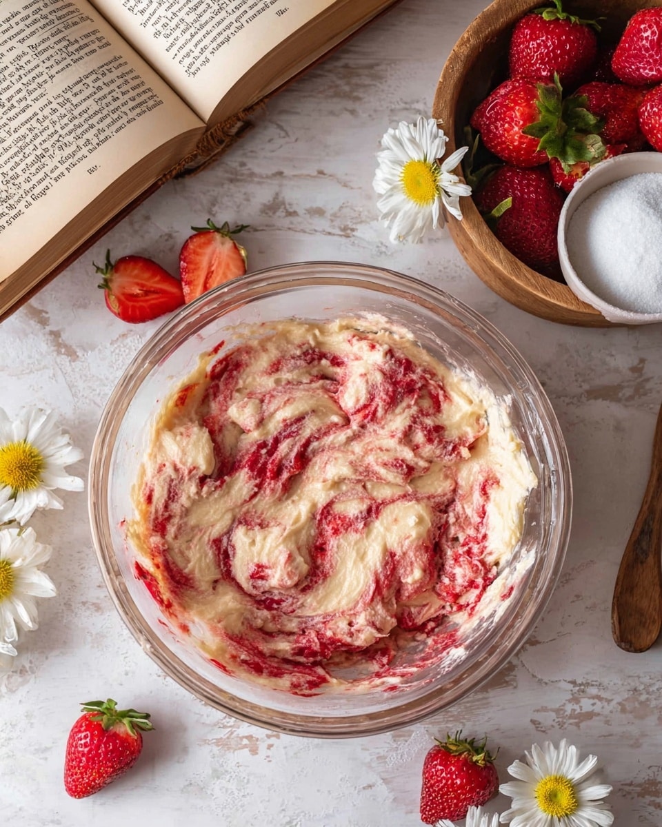 The image shows a stack of three soft, round cookies with light pink and red swirls from strawberries, with the top cookie having a bite taken out, showing the inside texture. Surrounding the stack are similar cookies, all with a slightly powdered surface and red streaks. In front of the cookies, there is a halved strawberry revealing its juicy red interior and green leaves, placed next to a small white daisy flower with a yellow center. Behind the cookies, a white bowl filled with whole red strawberries is partially visible. The background is a white marbled texture. photo taken with an iphone --ar 4:5 --v 7