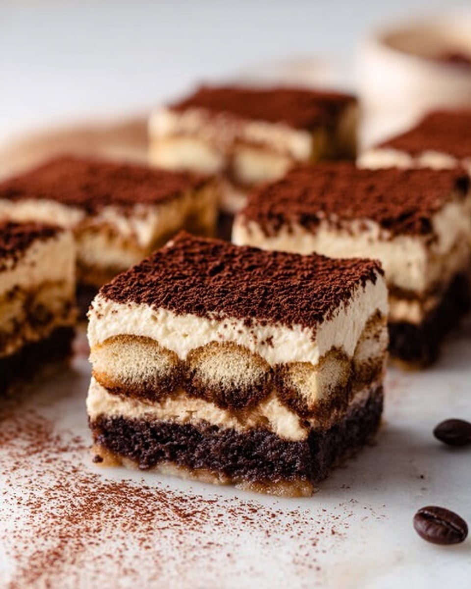 The image shows several pieces of tiramisu cut into squares and arranged on a white marbled surface. Each piece has three clear layers: the bottom layer is dark and dense with a chocolatey texture, the middle layer is lighter with a coffee-soaked sponge cake look, and the top layer is creamy and fluffy with a dusting of cocoa powder. The surface around the tiramisu squares has a light sprinkle of cocoa powder and scattered coffee beans. The focus is on the front piece, making the layers and textures visible and rich in color. photo taken with an iphone --ar 4:5 --v 7