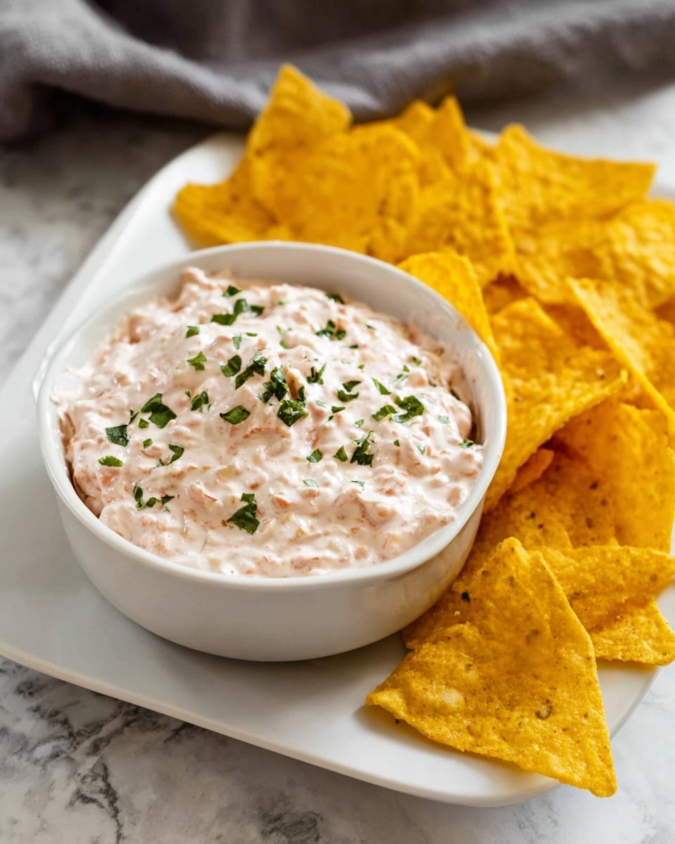 A close-up of a white bowl filled with a creamy, light beige dip mixed with small red bits, topped with a dollop of chunky, bright red salsa. A yellow corn tortilla chip is held by a woman's hand, dipped halfway into the creamy mixture, showing the thick, textured layer clinging to the chip. The background is softly blurred with a white marbled texture. Photo taken with an iphone --ar 4:5 --v 7