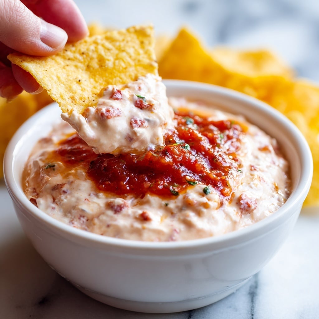 A white bowl filled with creamy, pale pink dip topped with small green herb pieces is placed on a white rectangular plate. Surrounding the bowl on the plate are bright yellow triangular tortilla chips arranged in a casual pile. The background is a white marbled texture with a gray cloth partially visible behind the plate. photo taken with an iphone --ar 4:5 --v 7