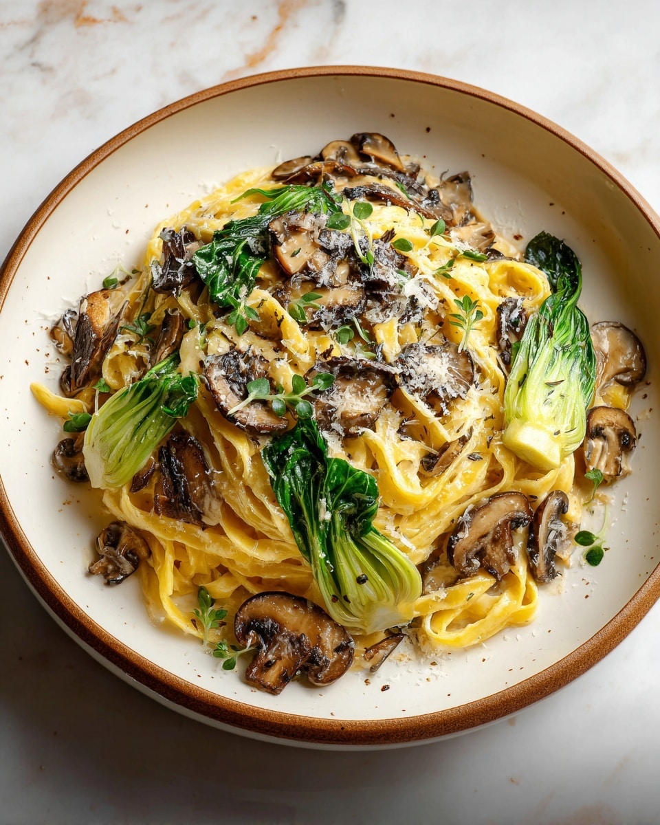 A white bowl holds a nest of yellow tagliatelle pasta layered with browned, sliced mushrooms scattered throughout. Bright green baby bok choy leaves sit on top and around the pasta, adding color and freshness. The dish is sprinkled with finely grated cheese and small green herb leaves, giving a light textured look. The bowl is placed on a white marbled surface. photo taken with an iphone --ar 4:5 --v 7