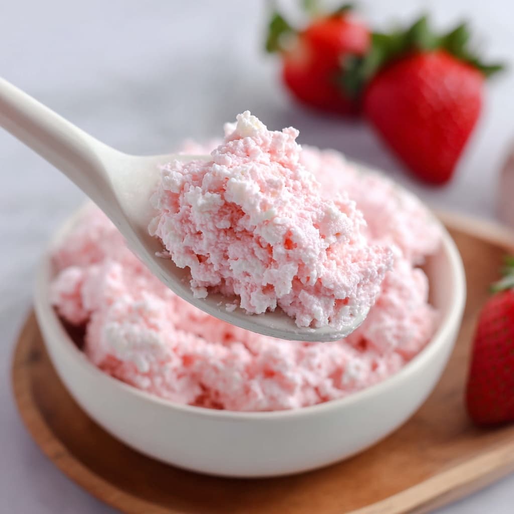 A wooden bowl filled with a fluffy pink mousse texture that looks light and airy, topped with two fresh strawberries, one whole and one cut in half, both with green leaves visible. The bowl is placed on a white marbled surface with another whole strawberry lying nearby. The mousse has a slightly uneven, whipped texture that covers the whole bowl. Photo taken with an iphone --ar 4:5 --v 7