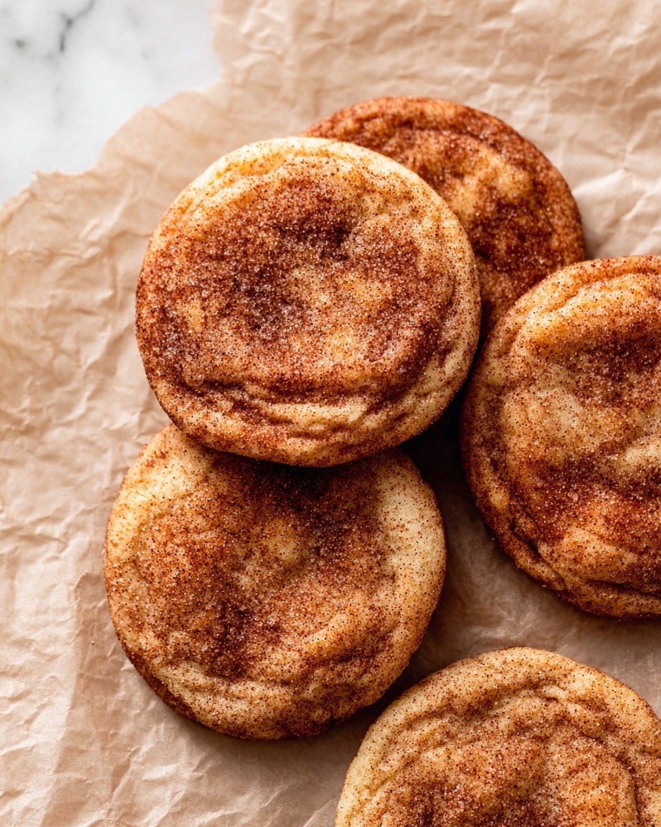 The image shows five round cookies with a golden-brown color covered in cinnamon sugar. Each cookie has a soft, slightly cracked texture with visible cinnamon sugar sprinkled all over. They are placed on a piece of light brown parchment paper on top of a white marbled surface. The cookies are close to each other but not stacked, showing clear edges and a textured surface full of cinnamon specks. photo taken with an iphone --ar 4:5 --v 7