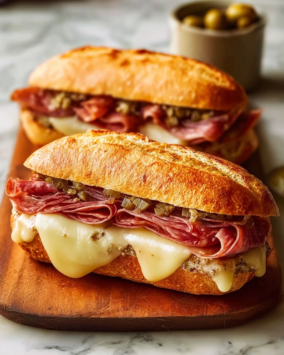 Two sandwiches are shown on a wooden board placed on a white marbled surface. Each sandwich has a light golden toasted bun split open with several layers inside. The bottom layer is a bed of grainy mustard with visible seeds, topped by thin, folded slices of reddish-pink cured meat. Over the meat, melted light yellow cheese drapes softly, extending slightly over the edges. The top bun is thick and toasted a golden brown, spread evenly with more grainy mustard and small greenish pickles. In the background, a cup of pickles or olives can be seen blurred. The photo taken with an iphone --ar 4:5 --v 7
