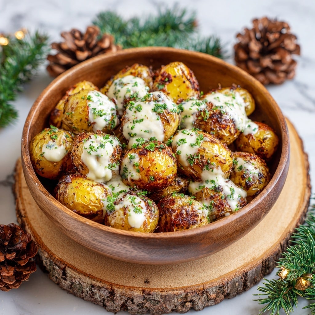A wooden bowl filled with roasted baby potatoes, showing a mix of golden brown and deep brown colors. The potatoes are halved and stacked to fill the bowl, with a creamy white sauce drizzled generously over the top. Fresh green herbs, possibly dill, are sprinkled all over the potatoes and sauce. The bowl is placed on a round wooden slice that looks like a tree trunk cross-section. In the background, there are pine cones, green pine branches, and a lit candle, all set against a dark wood surface replaced by white marbled texture. photo taken with an iphone --ar 4:5 --v 7