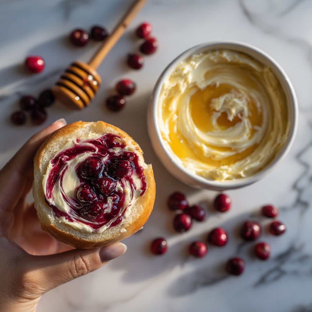 A small white ceramic bowl with a thick layer of creamy, pale yellow butter in the bottom, topped with swirls of bright red cranberry sauce spread unevenly across the surface. On the side, a woman's hand is using a butter knife to scoop some of the mixture. The bowl sits on a white marbled textured surface, with fresh cranberries and a basket of bread rolls softly blurred in the background. photo taken with an iphone --ar 4:5 --v 7