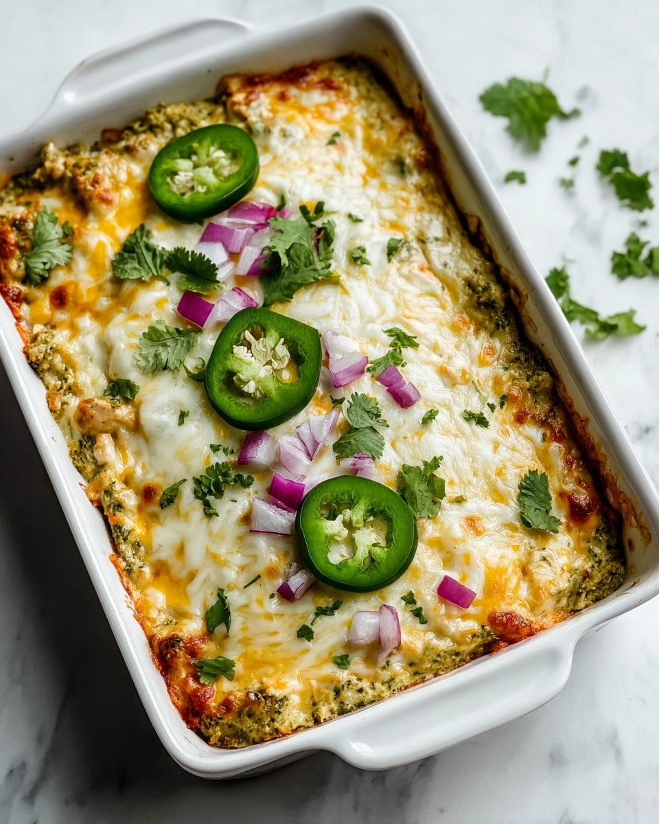 A white rectangular baking dish holds a layered casserole with a golden melted cheese top, scattered with green sliced jalapeños, small chunks of purple onion, and sprinkled fresh chopped green herbs. The dish has visible layers beneath the cheese, including a creamy pale green mixture with a slightly chunky texture and a deeper green leafy layer. The sides of the dish show browned spots from baking, and part of the casserole has been scooped out, showing multiple soft layers stacked inside. The dish sits on a white marbled surface, with blurred bowls of shredded cheese and chopped herbs nearby. Photo taken with an iphone --ar 4:5 --v 7