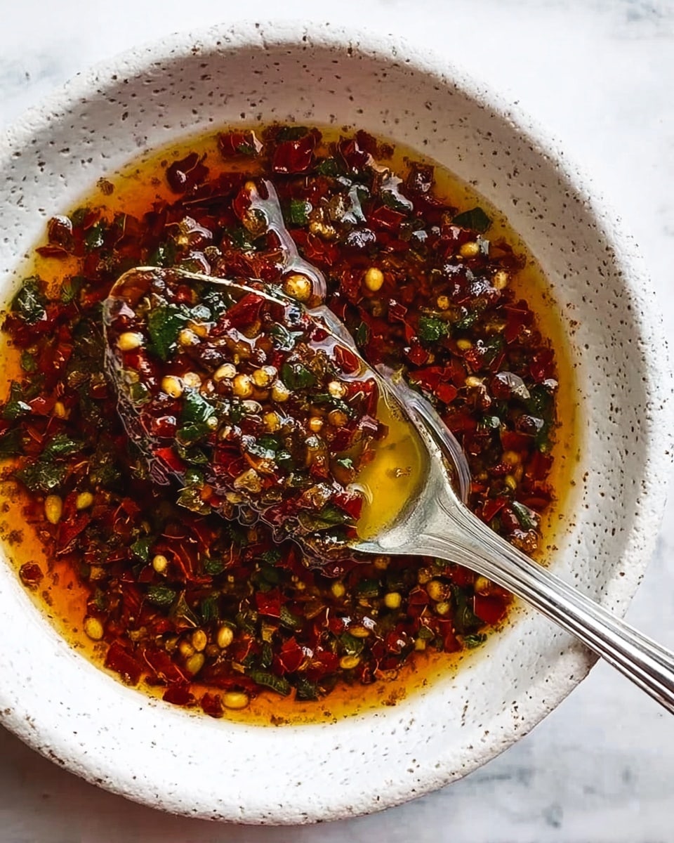 The image shows a white plate holding two pieces of crusty bread, with one piece dipped into a colorful mixture. The mixture has a glossy layer of golden olive oil spread thinly across the plate's base. On top of the oil, there is a vibrant mix of finely chopped herbs in dark and bright green shades, along with small pieces of sun-dried red tomatoes and tiny bits of garlic. The bread has a light tan crust and a soft, airy, and slightly porous inside with a golden hue. The surface beneath the plate is a white marbled texture, and a few herb leaves are scattered nearby. photo taken with an iphone --ar 4:5 --v 7
