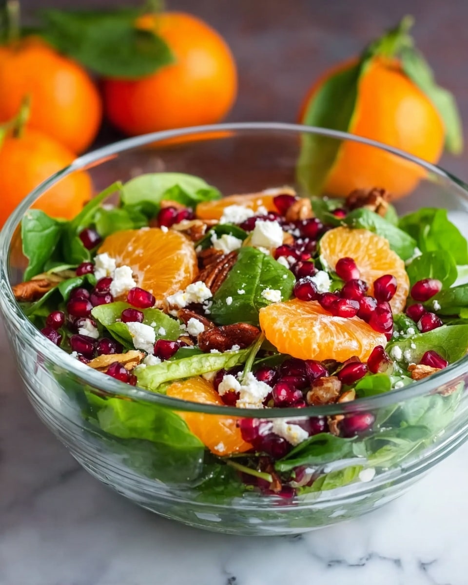 A clear glass bowl holds a fresh salad with several layers of ingredients. The bottom layer is a mix of dark and light green leafy vegetables with smooth and curled textures. Scattered on top are bright orange mandarin slices with juicy, glossy surfaces. Small, deep red pomegranate seeds add a shiny, round contrast across the salad. White crumbled cheese pieces are sprinkled unevenly, giving a soft and crumbly texture. There are also small brown pecan pieces adding a rough texture. The bowl is placed on a white marbled surface, with an orange fruit and green leaves blurred in the background. photo taken with an iphone --ar 4:5 --v 7