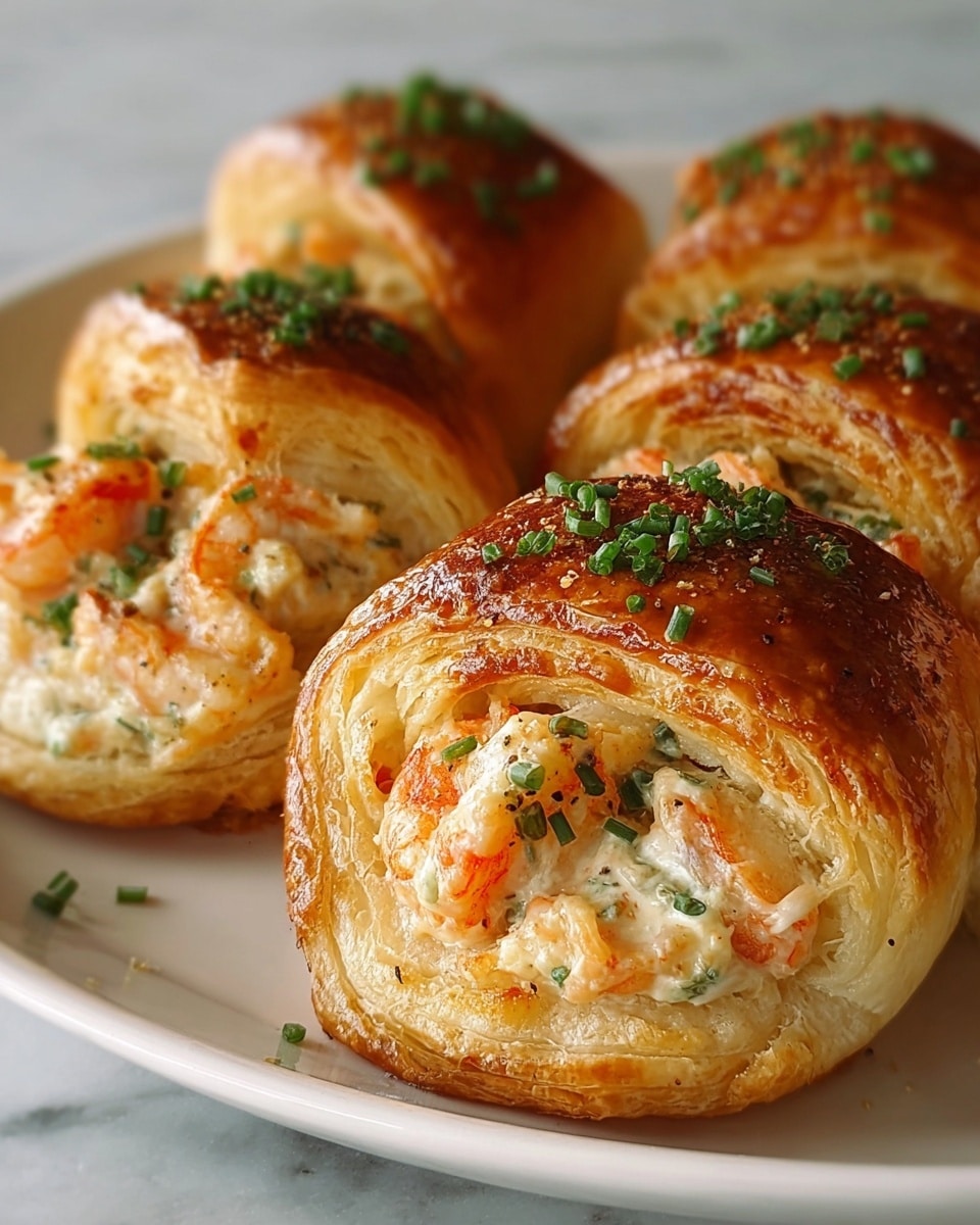 The image shows three golden-brown croissants on a white plate, set on a white marbled surface. Two croissants are being held by a woman's hand, gently pulling one apart to reveal a creamy filling inside, which looks soft and has bits of orange, possibly salmon, mixed with white cream. The croissants have a crispy, flaky outer layer with a shiny, slightly oily texture, and they are sprinkled lightly with chopped green herbs on top and around the plate. The croissants sit close to each other, with the middle one slightly tilted to show the filling clearly. Photo taken with an iphone --ar 4:5 --v 7