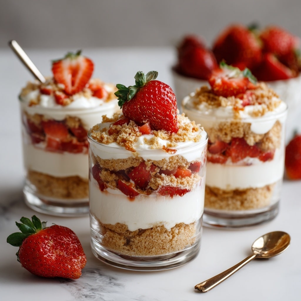 Two clear glass cups hold layered strawberry parfaits on a white marbled surface. Each cup has four layers: at the bottom and near the middle are light brown crumbly biscuit layers, between them and above is a thick white creamy layer, and on top of the middle biscuit layer is a bright red, chunky strawberry layer. The parfaits are topped with more white cream, sprinkled with biscuit crumbs, and finished with a whole fresh red strawberry with green leaves. A silver spoon is placed inside each glass, leaning out. Photo taken with an iphone --ar 4:5 --v 7