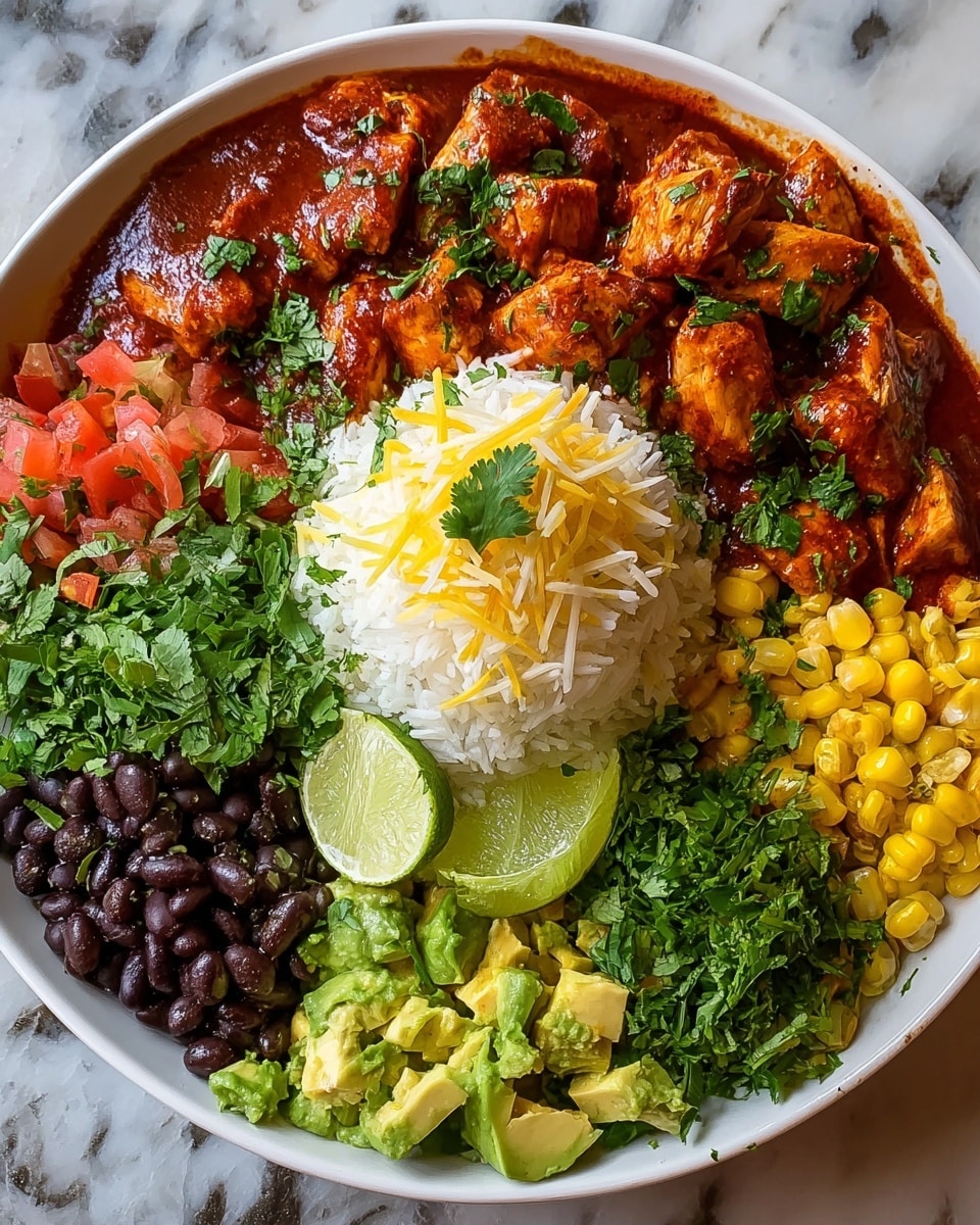 A white bowl contains a meal divided into three main sections: on the left, chunks of chicken covered in red sauce and topped with shredded yellow and white cheese; in the middle, a pile of shiny black beans with some chopped green onions sprinkled on top; on the right, a serving of yellow corn mixed with small bits of red pepper and garnished with green onion slices, all resting on a base of light brown rice with a small bunch of fresh green cilantro on the side. Around the bowl on a white marbled surface are small white bowls filled with shredded cheese, black beans, corn, chopped green onions, and cilantro, with a spoon and fork placed beside the bowl. Photo taken with an iphone --ar 4:5 --v 7