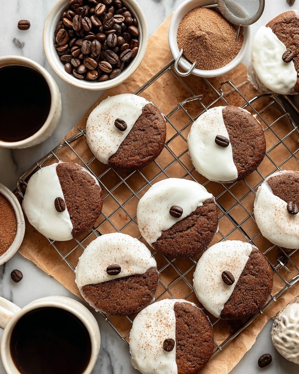 The image shows a group of round cookies arranged on a metal cooling rack placed over brown parchment paper. Each cookie has two layers: a dark brown base and a top layer half covered with smooth white icing and half dusted with a fine light brown powder, likely cocoa or cinnamon. On the white icing on each cookie, there are three shiny dark brown coffee beans placed near the center. The cookies have a slightly rough edge, showing the texture of the baked base. Around the cookies are white bowls, one containing whole dark roasted coffee beans and another with a fine light brown powder with a small tea strainer resting on top. There are also two white cups with black coffee partially visible on the left and bottom corners of the image. The background is a white marbled texture. photo taken with an iphone --ar 4:5 --v 7