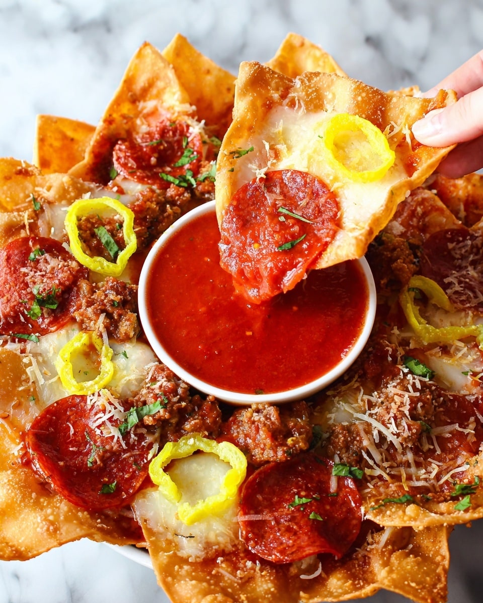 A tray filled with a single layer of crispy, golden-brown tortilla chips topped evenly with melted white cheese, round slices of bright red pepperoni, small chunks of browned sausage, and scattered pieces of light green pepper rings. The toppings are spread across the chips, creating a colorful and textured look of melted cheese, meat, and fresh peppers on each chip, all placed on a white marbled surface. photo taken with an iphone --ar 4:5 --v 7