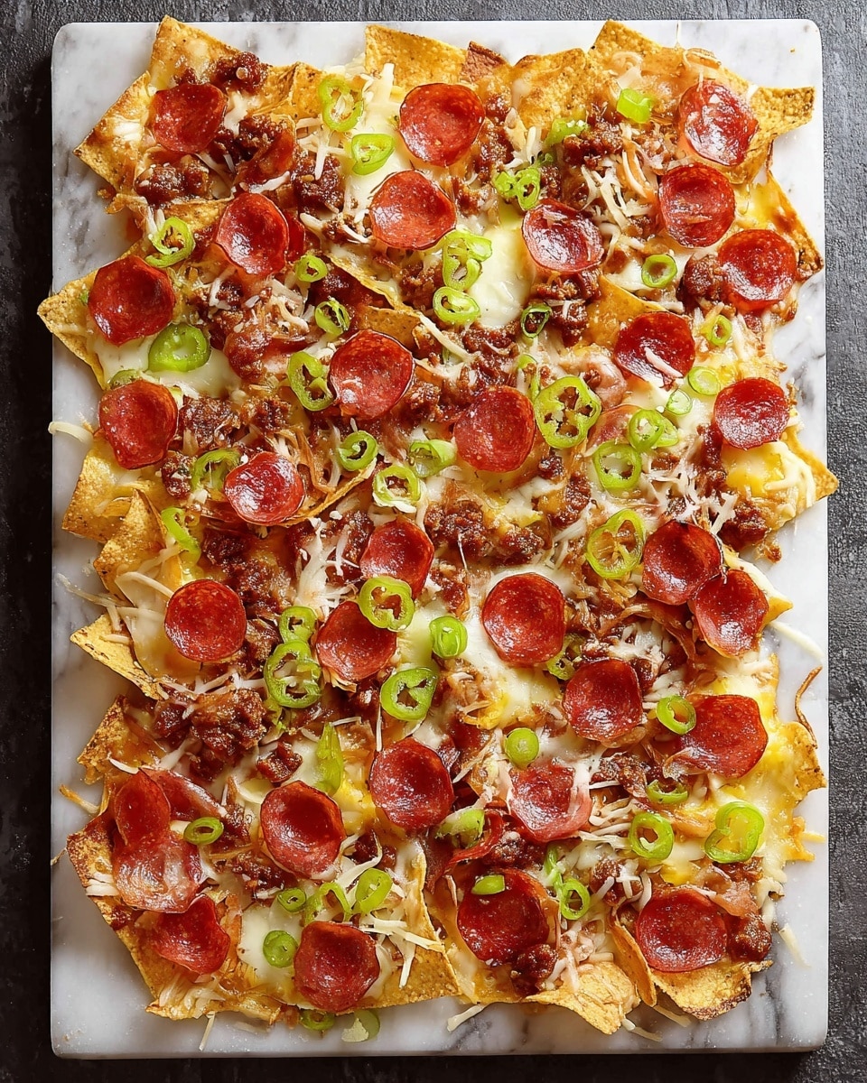 The image shows a white bowl filled with bright red marinara sauce in the center, surrounded by crispy, golden fried wonton chips arranged in layers. Each chip is topped with a melted layer of mozzarella cheese, a few slices of bright red pepperoni, and small pieces of browned sausage. Scattered on top are curly, yellow pepper rings and small green parsley bits. One chip is being dipped into the sauce by a woman's hand, showing the gooey melted cheese stretching slightly. The dish is placed on a white marbled surface. photo taken with an iphone --ar 4:5 --v 7