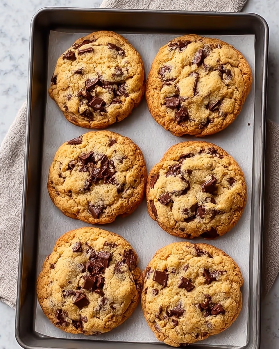 Six thick, golden-brown chocolate chip cookies with rough, cracked tops filled with melted dark brown chocolate chips are placed on a baking tray lined with parchment paper. The cookies have a soft, slightly chunky texture with uneven edges and scattered chocolate pieces across the surface. The tray sits on a white marbled texture background. photo taken with an iphone --ar 4:5 --v 7