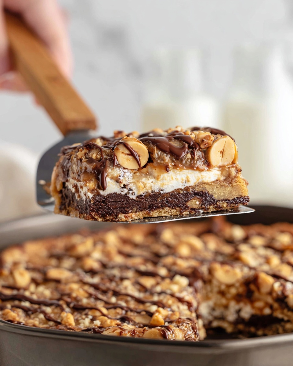A close-up view of a rectangular baked dessert inside a metal baking pan, cut into eight pieces, showing three layers: a dark brown dense base, a thick middle layer of creamy light brown filling, and a top layer of pale golden flaky dough. The top is decorated with chopped nuts scattered over it and thin diagonal drizzles of dark chocolate, giving a textured look to the surface. The pan rests on a white marbled surface. photo taken with an iphone --ar 4:5 --v 7