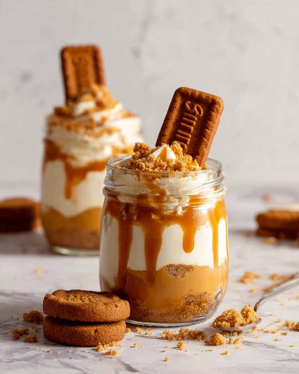 The image shows two small clear glass jars filled with layers of a dessert. Each jar has three layers: a thick caramel-colored base at the bottom, a creamy white middle layer, and a caramel drizzle on top that flows down the sides. The top layer is sprinkled with small crumbled cookie pieces, and a whole rectangular brown cookie is placed upright in each jar. In front of the closest jar, there is one whole cookie resting on a white marbled surface with some cookie crumbs scattered around. The background is simple and light with a white marbled texture. photo taken with an iphone --ar 4:5 --v 7