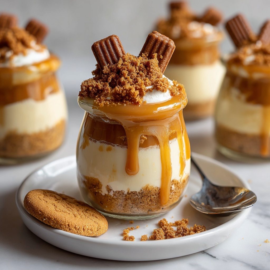 The image shows a small glass jar dessert with three clear layers, placed on a white plate with a spoon inside the jar. The bottom layer is a thick golden-brown Biscoff spread, the middle layer is a creamy off-white mousse, and the top layer is a glossy caramel-like sauce that drips down the sides. On top, there are crumbled darker brown cookie pieces with a whole rectangular Biscoff cookie stuck upright in the crumble. A second whole cookie lies flat on the white plate next to the jar, with some scattered crumbs around. In the background, there are three more jars with similar layered desserts on a white marbled surface. Photo taken with an iphone --ar 4:5 --v 7