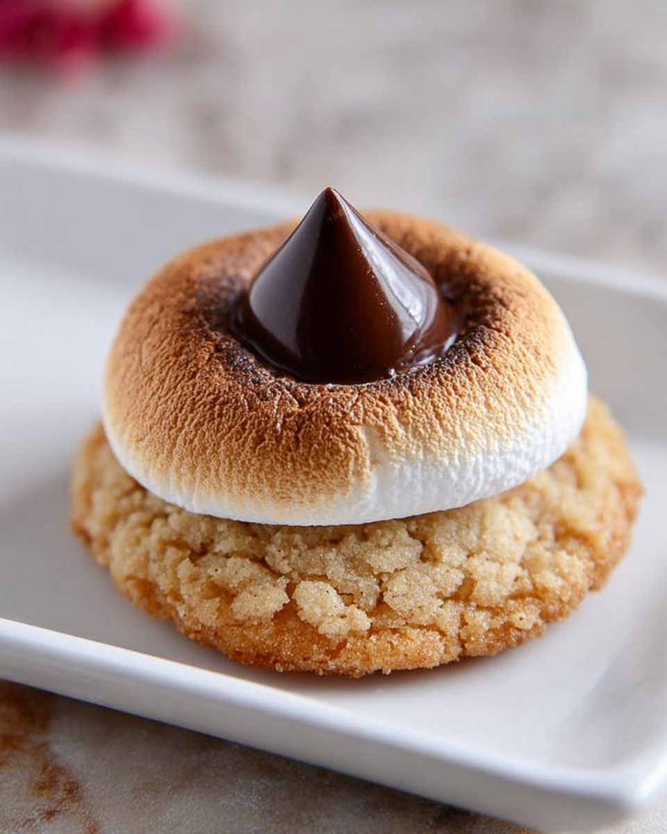 A single round cookie with a light golden-brown color and a crumbly texture forms the base. On top of the cookie, there is a ring of toasted white marshmallow, slightly browned and puffed up. Sitting in the center of the marshmallow ring is a dark brown chocolate piece shaped like a small cone, shiny and smooth. The cookie is placed on a white rectangular plate, which rests on a white marbled surface. photo taken with an iphone --ar 4:5 --v 7