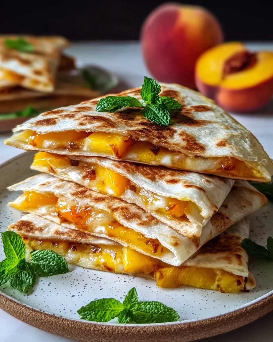 The image shows several quesadilla slices arranged on crumpled parchment paper on a white marbled surface. Each slice has a toasted light golden-brown flour tortilla base, filled with melted cheese and black beans, giving a darker texture to the middle. On top of each quesadilla slice, there is a colorful salsa made of diced yellow mango, white onion, red onion, small green cilantro pieces, and green jalapeño slices. The salsa pieces sit scattered, adding bright yellow, white, red, and green colors contrasting with the tortilla. Fresh cilantro sprigs are visible around the edges, and a whole peach is partially seen in the corner. photo taken with an iphone --ar 4:5 --v 7