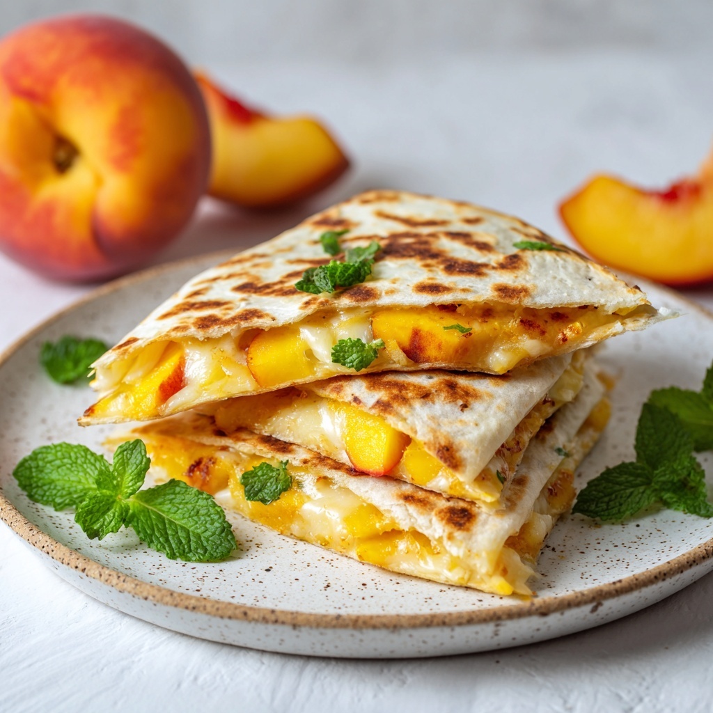 The image shows a stack of four triangular quesadilla slices on a round white plate with a speckled texture, placed on a white marbled surface. Each quesadilla piece has a golden-brown toasted tortilla outside with visible grill marks, and a vibrant inside layer of melted cheese and bright yellow peach slices. Fresh green mint leaves are placed on top of the quesadilla stack and around the plate, adding a fresh color contrast. In the background, there is a whole peach and a peach half, slightly blurred to keep the focus on the quesadillas. photo taken with an iphone --ar 4:5 --v 7