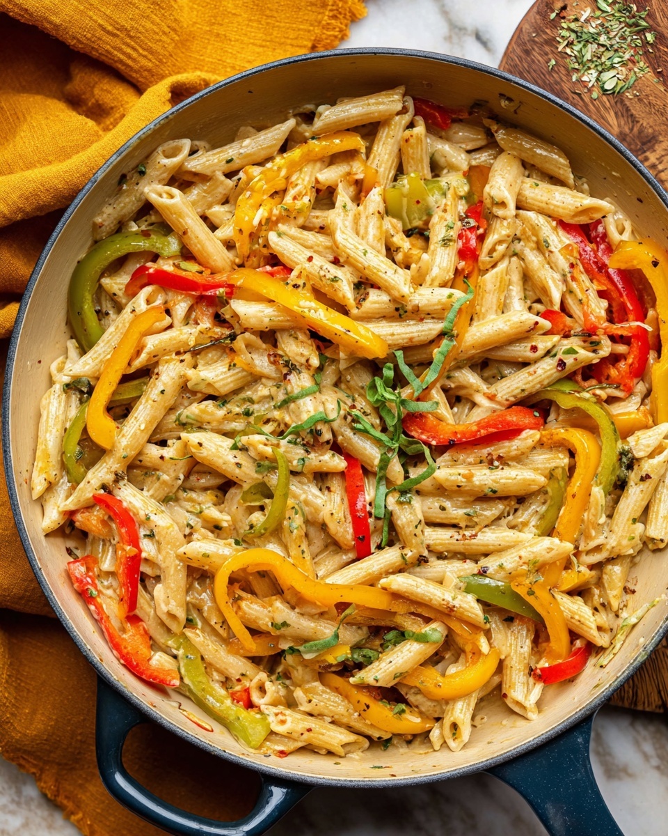 A close-up view of a large pan filled with creamy pasta mixed with colorful bell pepper strips in red, yellow, and green. The pasta pieces are penne, coated in a light beige sauce with visible herbs sprinkled throughout. The bell peppers are thinly sliced and scattered evenly among the pasta, adding bright splashes of color. A few sprigs of fresh green herbs lie on top, adding texture. The pan has a light interior with a dark rim and a blue handle, resting on a white marbled surface next to a mustard yellow cloth. Photo taken with an iphone --ar 4:5 --v 7