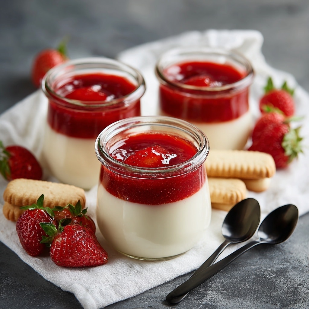 The image shows three small clear glass jars filled with three layers of dessert. The bottom layer is bright red with a smooth texture, the middle layer is creamy white and thick, and the top layer is a softer red puree similar to the bottom layer. One jar in the front has a black spoon inside, while the other two jars are without spoons. Around the jars, there are fresh strawberries scattered, with some placed on a white lace cloth and others directly on a dark surface that contrasts with the white marbled texture background. The composition is simple and fresh, highlighting the vibrant colors of the dessert and strawberries. Photo taken with an iphone --ar 4:5 --v 7