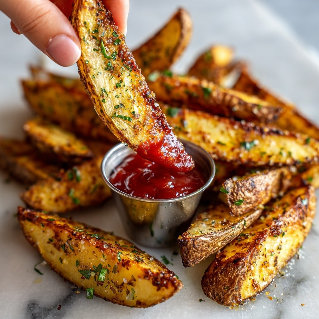 A close-up image of crispy potato wedges scattered over a white marbled surface, each wedge showing a golden brown, crunchy texture with small bits of seasoning and sprinkled with white coarse salt and green parsley flakes. In the center, a small clear bowl filled with smooth, rich red ketchup sits surrounded by the wedges. One wedge dipped halfway into the ketchup is held by a woman's hand, highlighting the contrast between the crunchy exterior and the smooth ketchup. Photo taken with an iphone --ar 4:5 --v 7